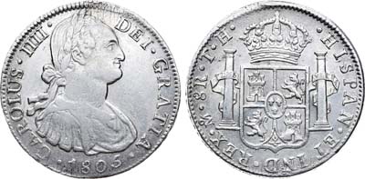 Лот №23,  Мексика. Король Карл IV. 8 реалов 1805 года..